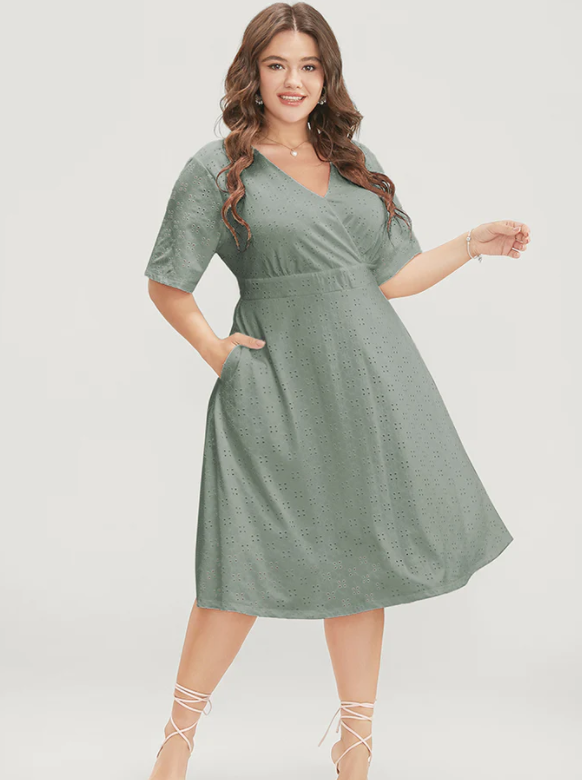 NWT Bloomchic Solid Pocket Laser Cut Surplice Neck Knee Sage Dress Size 26