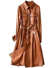 Italian Style Overcoat Tan Real Leather Trench Coat | Sashes Belt Women Coat |