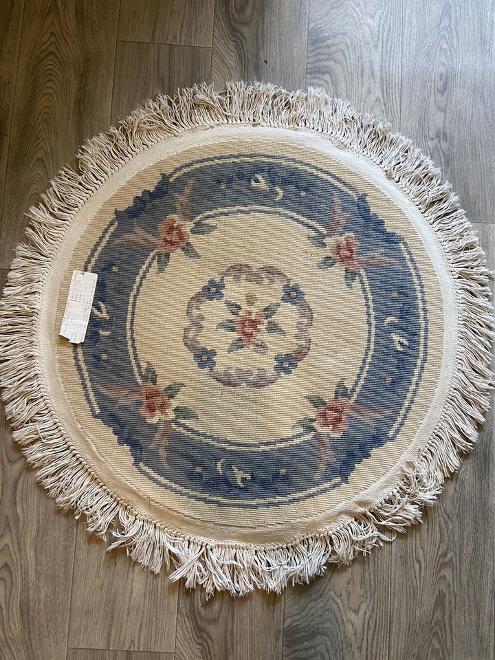 Genuine Chinese Cotton Circular Round Cream Blue Rug Vintage Floral 34