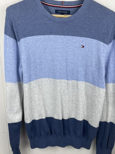 Tommy Hilfiger Sweater Mens Blue Striped Pullover Sweater Size Large - Picture 2 of 11