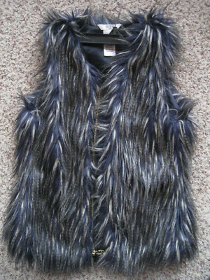 GUESS kids girls vest Medium 10 / 12 plush faux fur lined navy blue tan zip EUC