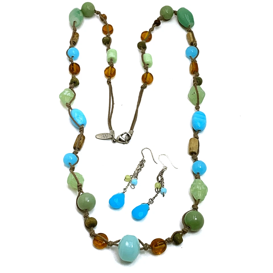 Colar Boho Brincos Pendurados Azul Aqua Contas de Vidro Verde Cordão Atado NY & Co - Imagem 3 de 4