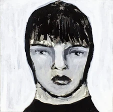 Woman Portrait Painting Original B&W 4x4 Naive Folk Outsider Art