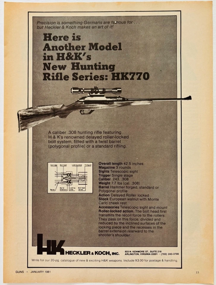 Rifle de caza H&K 1981 HK770 anuncio armas de fuego pistolas Heckler & Koch F18B1 Foto 2 de 2