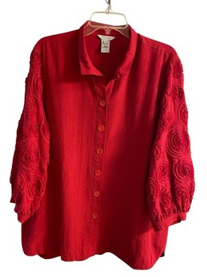 John Mark Red  Embroidered Rosette Sleeve Button Down Top Large