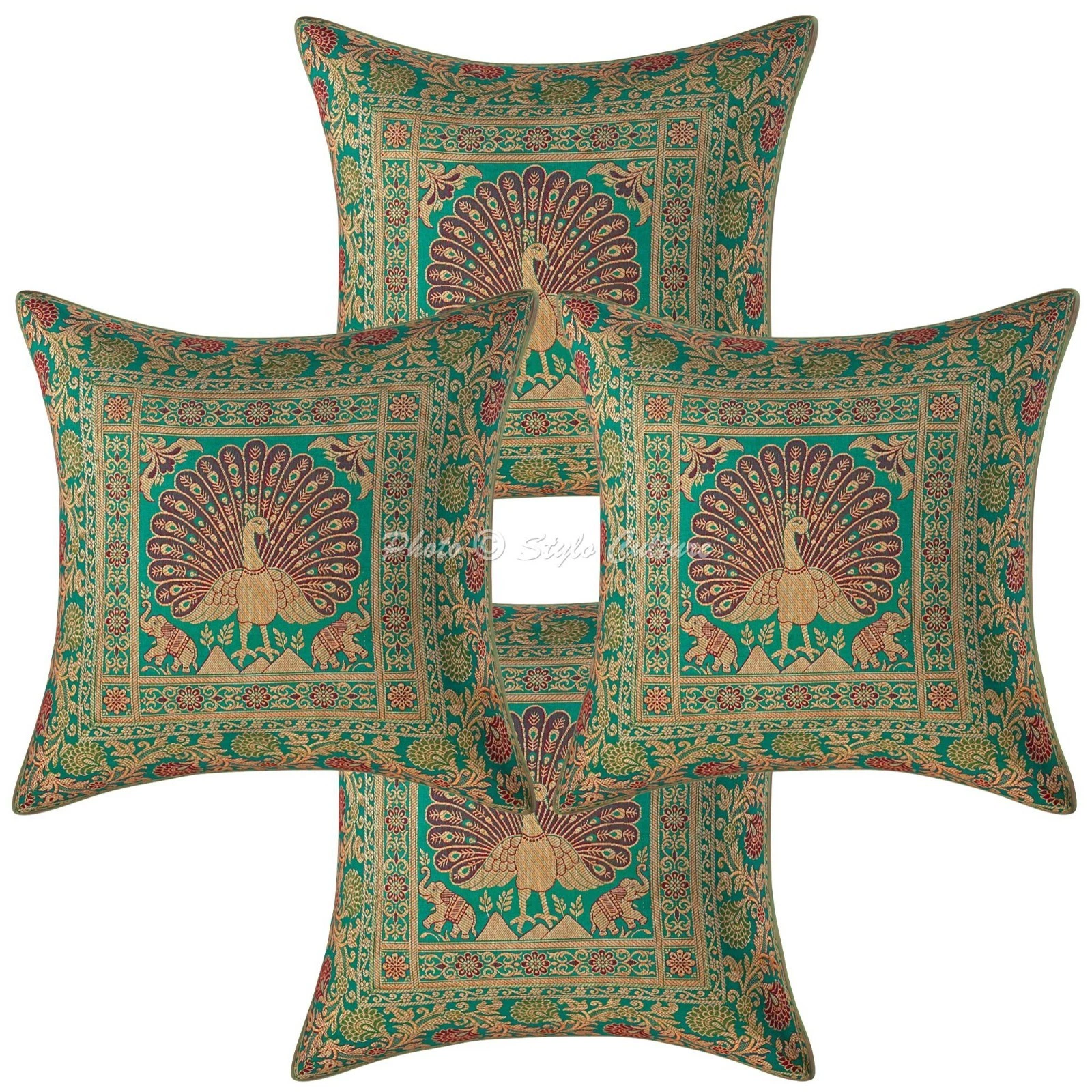 Ethnic Throw Pillow Covers 16x16 Brocade Green Peacock Home Decor 40x40 cm