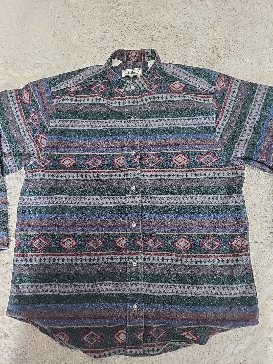 Vintage LL Bean men’s L shirt with gray, green, red, and blue Aztec-striped flannel button-down.
