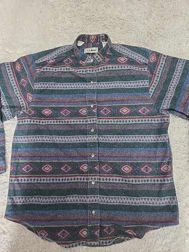 Vintage LL Bean men’s L shirt with gray, green, red, and blue Aztec-striped flannel button-down.