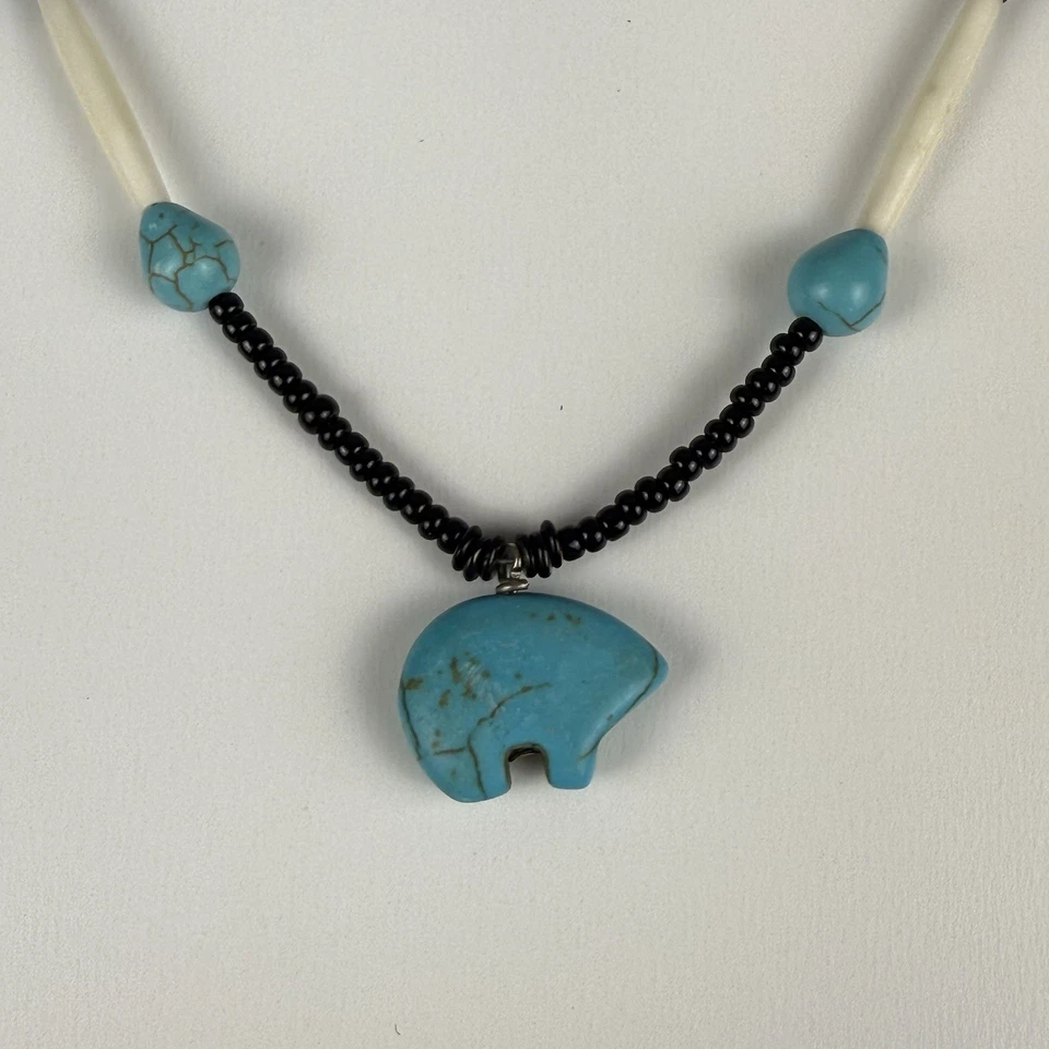 Collar Nativo Americano Turquesa Oso Y Cuentas Suroeste Tribal Imitación Hueso Foto 4 de 4