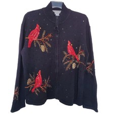 Tiara International Christmas Cardinal Sequin Zip Cardigan Sweater Black Large
