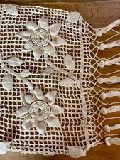 Antique Crochet Lace Table Runner Floral Motif Handmade Fringe Filet Lace Panel
