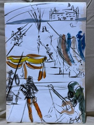 SALVADOR DALI drawing and painting on old paper signed stamped vintage