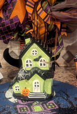 Halloween LED Haunted House Ceramic Green  Black Orange Pumpkin, Bat NWT