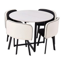 100CM Round Dining Table Sintered Stone Top Cross Base + 4 PU Chairs Set Compact