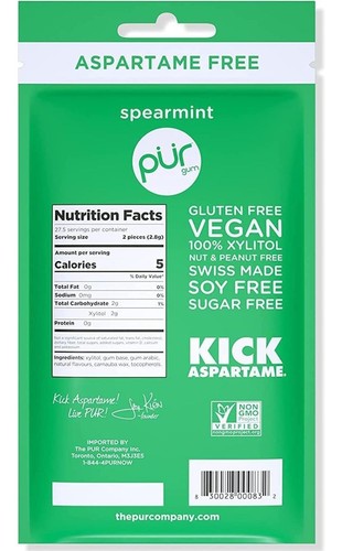 PUR Xylitol Chewing Gum SPEARMINT (55 Pieces, 3 Pack) Sugarless Vegan Dry-Mouth - Picture 3 of 3