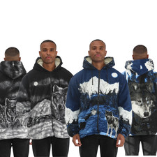 Mens Fleece Hoodie Wolf Design Warm Full Zip Hooded Comfortable Winter Jacket