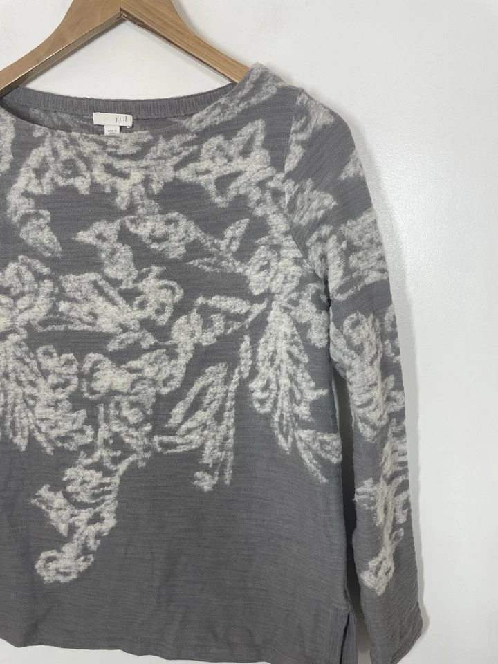 J. Jill Womens Boat Neck Pullover Sweater Top Burnout Floral Gray White Size SP - Image 2 of 4