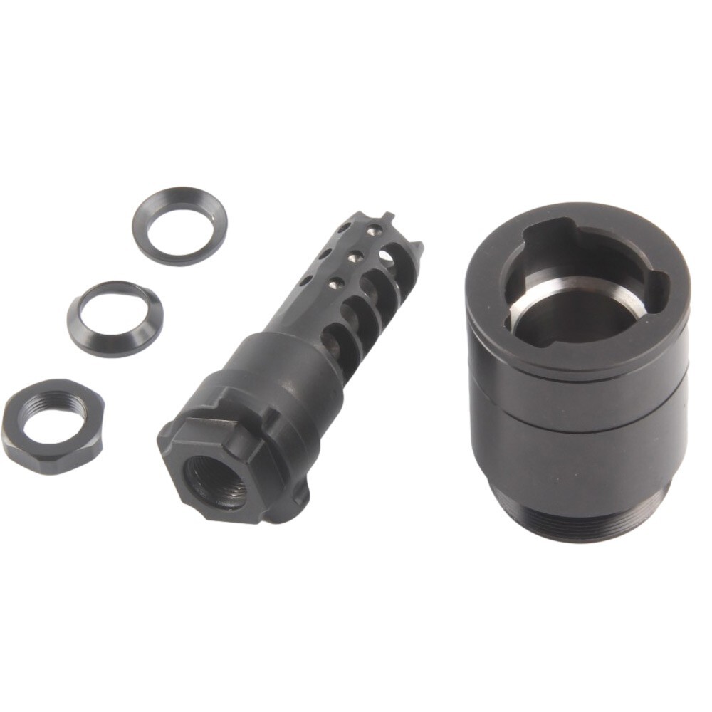 1/2x28 Steel Tri Lug 3 Lug 5.56 9mm .223 Muzzle Brake With QD 1.375x24 TPI Mount