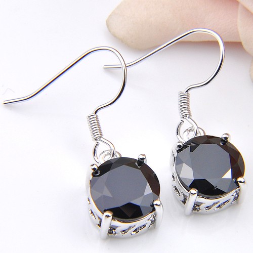 12MM Round Cut Natural Black Onyx Gemstone Silver Dangle Hook Earrings 22.65 Cts - Picture 5 of 6