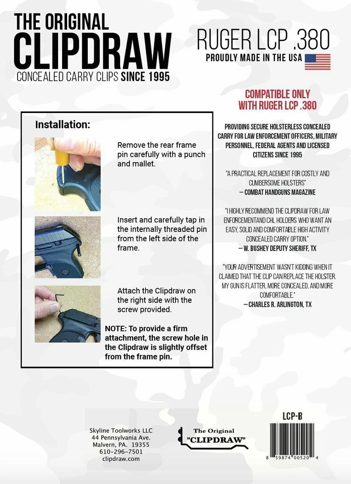 Clip de cinturón de pistola oculta Clipdraw para Ruger LCP negro Foto 3 de 4