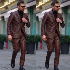Red-Brown Leather Men's Suits Formal Business Wedding Groom Prom Tuxedos 2 Piece