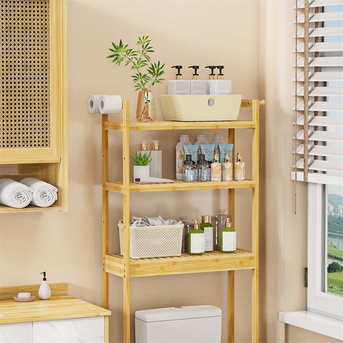 Adjustable Over The Toilet Storage Shelf Large 3-tier Shelves Rack with 2 Hooks - Picture 8 of 12