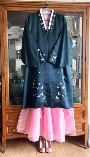 Vintage Korean Hanbok Durumagi Coat Midnight Blue Silk Robe Butterfly Design - Bild 3 von 17