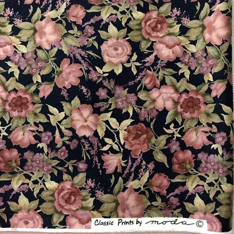 Moda Fabrics 42 x 72"  piece cotton Pink Roses Dark Blue background F473 - Image 2 of 3