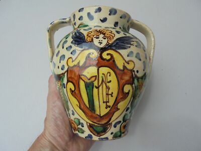Vintage Pisa Italy Pottery Hdld Vase Hand Painted w Angel Flowers Leaves 7''