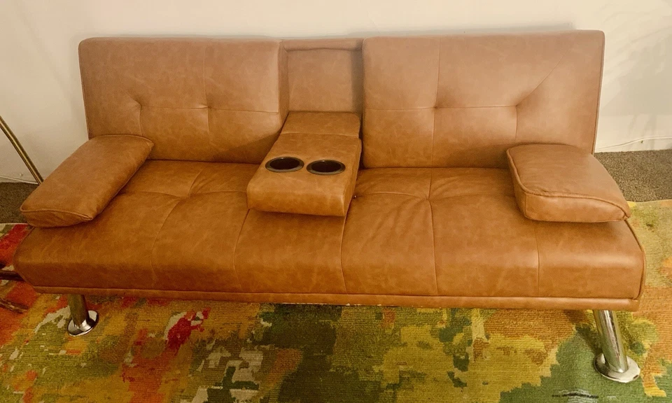Brown Faux Leather Upholstered Modern Convertible Futon w/ Cupholders & Pillows - Image 3 of 4