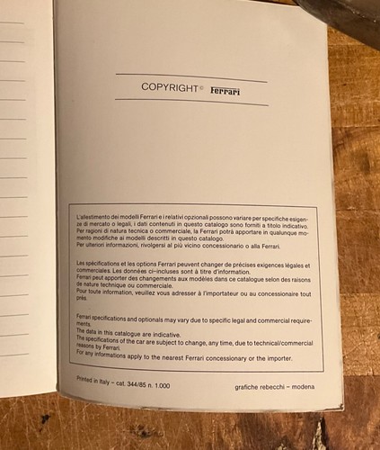 Ferrari Testarossa | Owners Manual | (344/85) | Euro Version | Factory Original - Picture 9 of 10