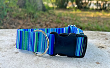 1 .5 inch Wide Blue and Green Dog Collar Quick Release Striped Made in USA
