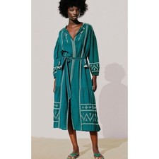 Zara Embroidered Cotton Tassel Kaftan Maxi Dress Green Teal Size XS