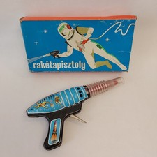 Vintage Hungary Space Ray Gun Pistol Litho Astronaut Friction Tin Toy Works Box