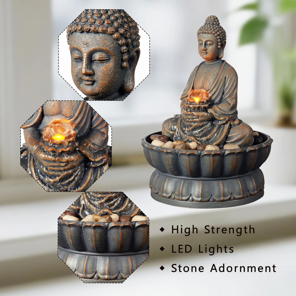 家居装饰 9.6 英寸桌面喷泉精致微笑坐佛喷泉 De... — 第 4/4 张图片