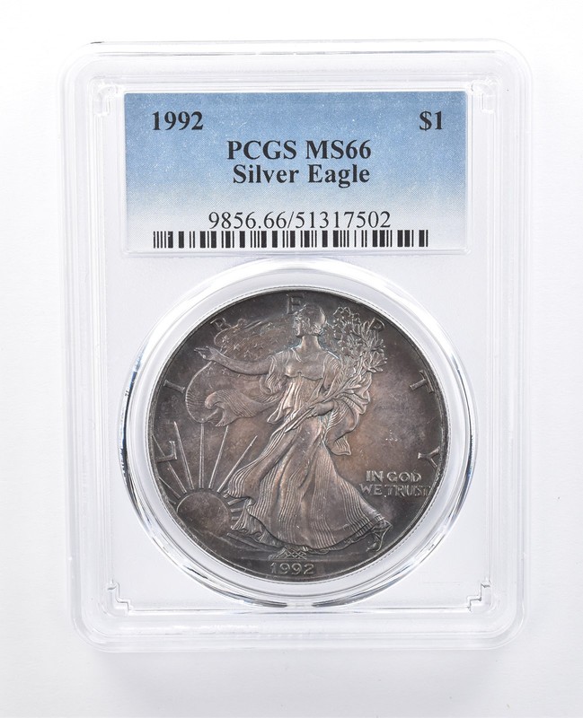 1992 American Silver Eagle MS66 PCGS Dark Blue Tone a8158