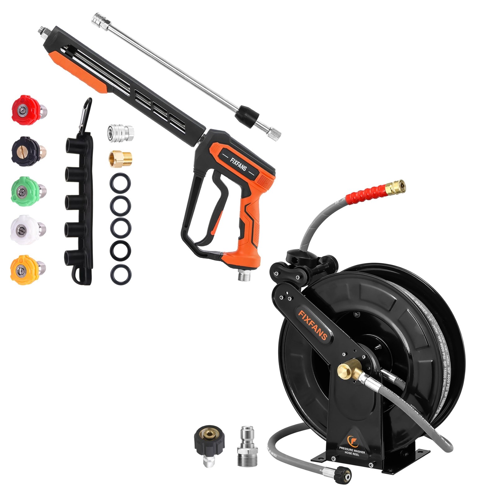 FIXFANS Pressure Washer Gun Kit, Hose Reel with Hose, 3/8" X 50 FT