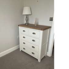 White and Light Oak Chest of Drawers, 5 Drawers, Metal Cup Handles, Modern