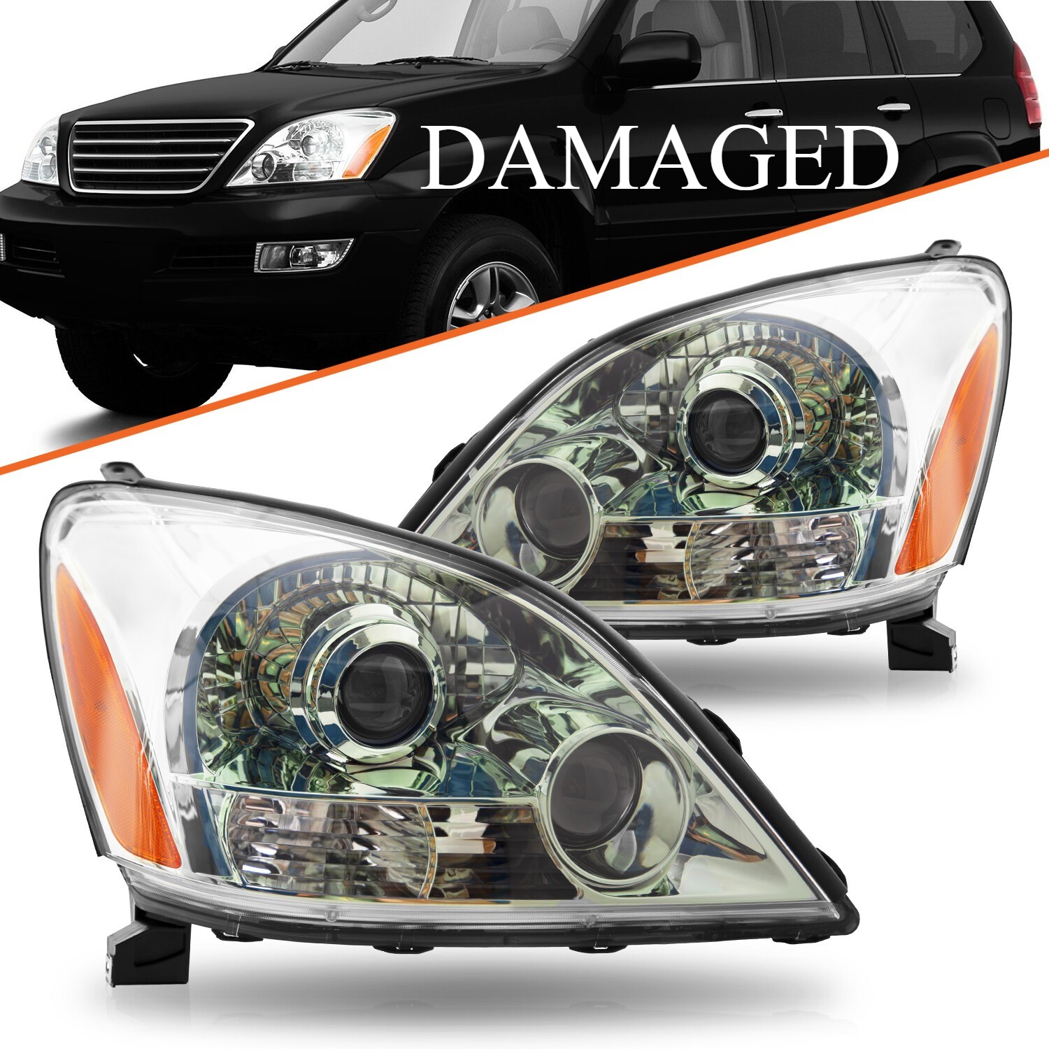Headlight Assembly For 2003-2009 Lexus GX470 Chrome W/O Sport Package L+R Pair