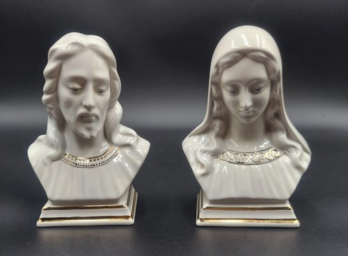 Holland Mold Jesus Mary Bust Statue Figurine Figure Ceramic White & Gold Shiny - Picture 1 of 13