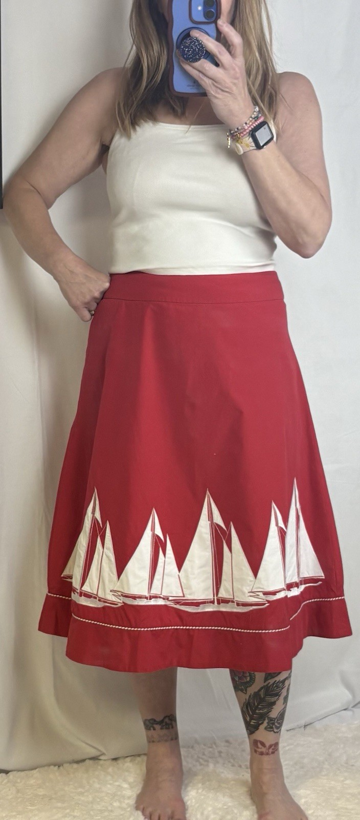 Liz Claiborne Red Skirt with White Sailboats Size.12 Cotton EUC Yacht Wear