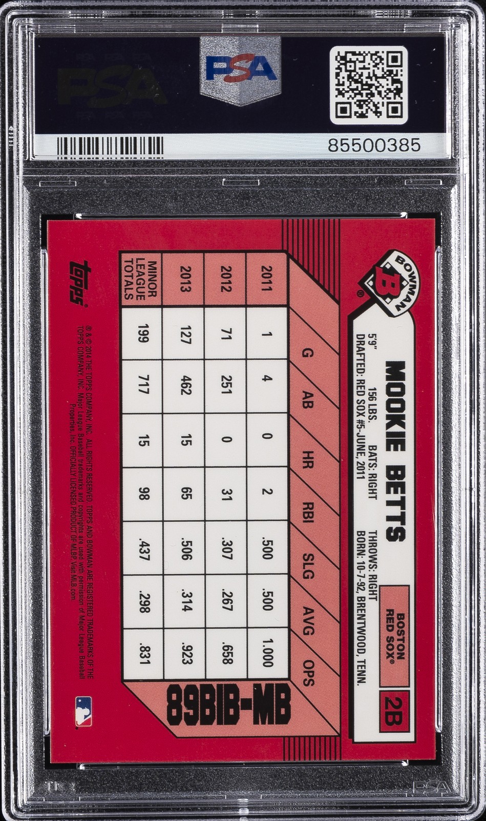 2014 BOWMAN STERLING 1989 BOWMAN IS BACK SILVER DIAMOND MOOKIE BETTS RC PSA 10 view 2