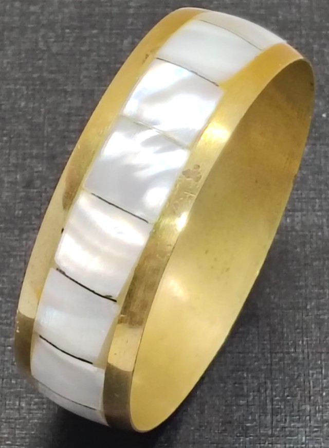 Vintage solid brass bangle bracelet with mother o… - image 1