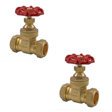 2 x 22mm Wheel Head Gate Valve Brass Compression- TWIN PACK - FREE DELIVERY