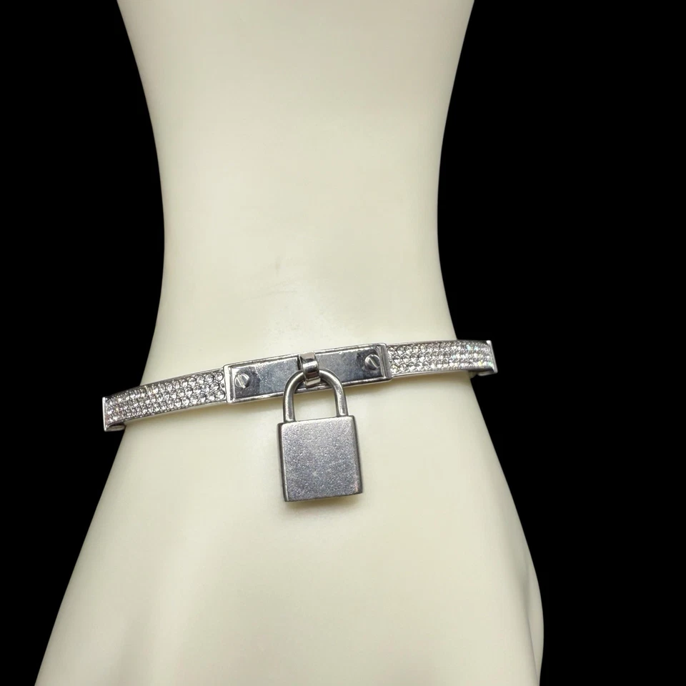 MICHAEL KORS Silver Tone Hinged Pave Crystal Bangle Bracelet Lock Padlock Charm - Image 2 of 4