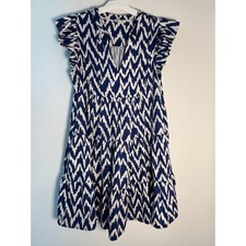Umgee USA Blue White Ikat Chevron Tiered Mini Dress Ruffle Sleeve Small