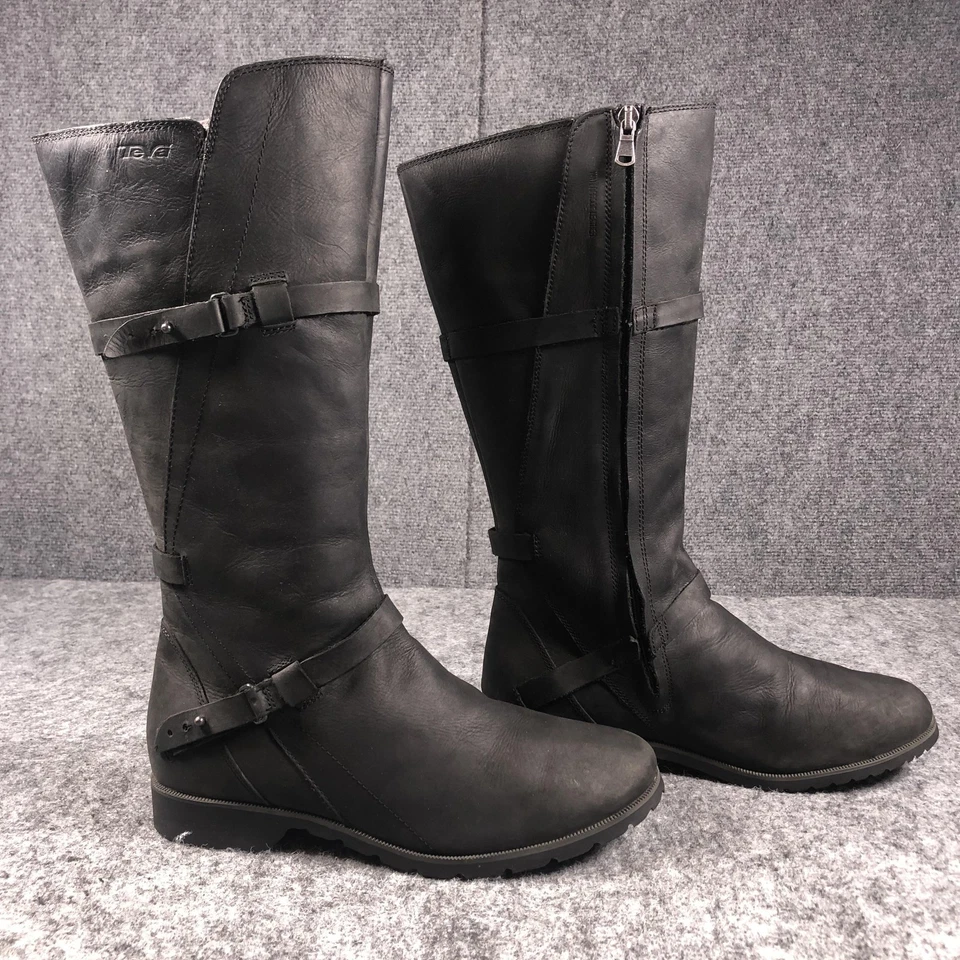 Teva Boots Womens Size 9 Black Tall Knee High Leather Zip Buckle Riding Lug Sole - Image 2 of 4