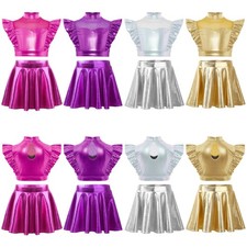 US Kids Hip Hop Dance Outfits Metallic Ruffle Crop Tops With Skirt Set Dancewear