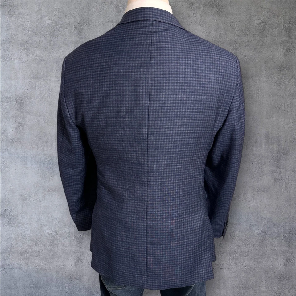 CALVIN KLEIN Mens Blazer 44R Sport Coat 2-Button Jacket Plaid Navy/Blue Wool - Image 4 of 4