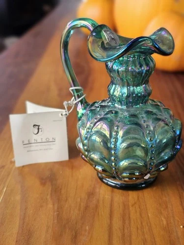 Fenton Glass Iridescent Pitcher – Handcrafted Carnival Glass Vase – Original Tag